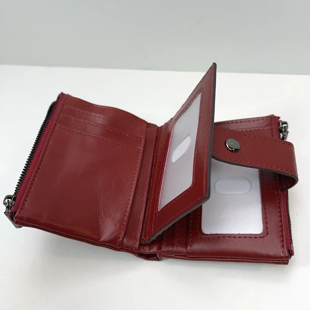 Humerpaul Leather Chain Wallet RFID Blocking Red Multi Card ID Snap Close Bifold
